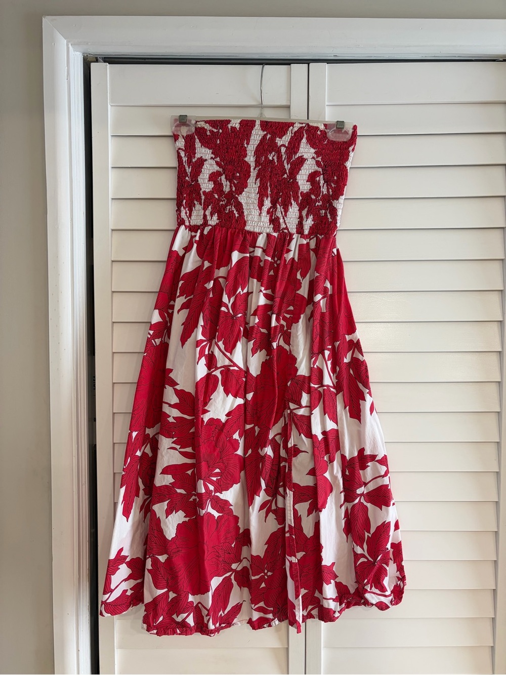 Lusana Red & White Floral Smocked Strapless Midi Dress / Skirt M